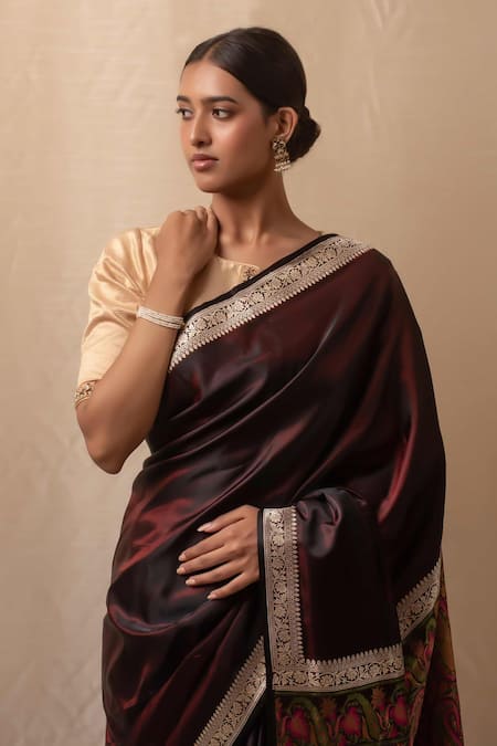 Shop Priyanka Raajiv Wine Silk, Brocade Embroidery Round Neck Paisley Tanchoi Banarasi Saree Shop_Priyanka Raajiv_Wine Silk, Brocade Embroidery Round Neck Paisley Tanchoi Banarasi Saree