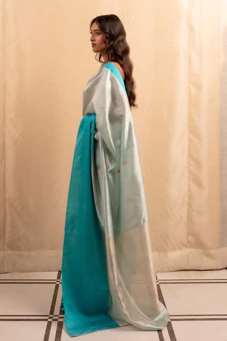 Priyanka Raajiv Blue Silk, Chanderi Floral Woven Saree With Blouse at Aza Fashions Priyanka Raajiv_Blue Silk, Chanderi Floral Woven Saree With Blouse _at_Aza_Fashions