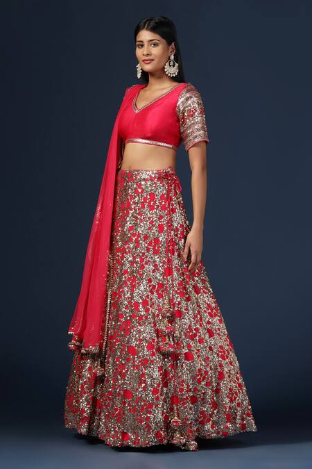 Two Sisters By Gyans_Pink Net, Georgette Sequins Asymmetric Meadow Embroidered Lehenga Set _at_Aza_Fashions