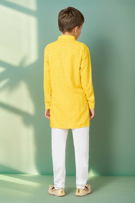 Buy_Petite Pomme_Yellow Cotton Sequins, Embroidery Kurta Set With Churidar _Online_at_Aza_Fashions