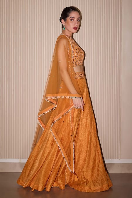 Buy_Twenty Nine_Orange Tulle Embroidery Hand Dupatta _Online_at_Aza_Fashions