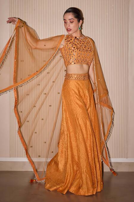 Shop_Twenty Nine_Orange Tulle Embroidery Hand Dupatta _Online_at_Aza_Fashions