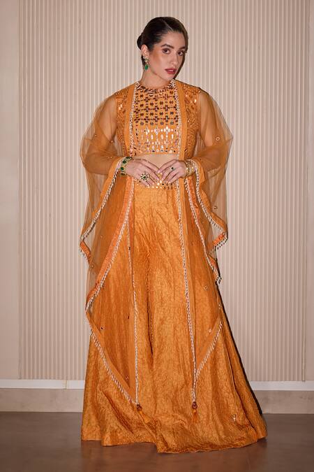 Twenty Nine_Orange Silk Mirrors, Embroidery Raidana Bandhani Sharara Pant _Online_at_Aza_Fashions