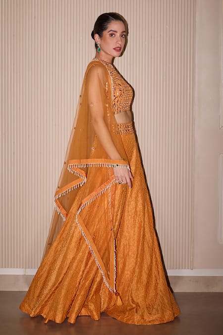 Buy_Twenty Nine_Orange Silk Mirrors, Embroidery Raidana Bandhani Sharara Pant _Online_at_Aza_Fashions