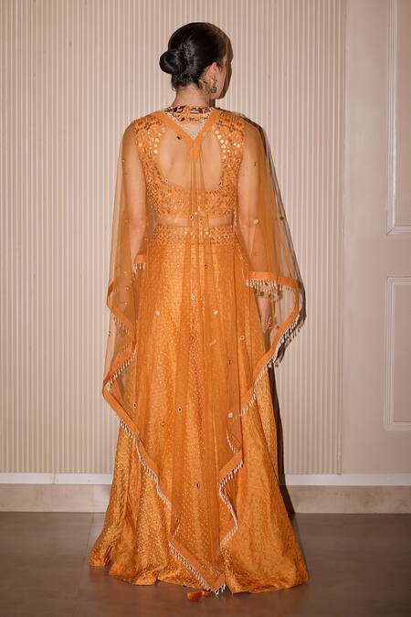 Twenty Nine_Orange Silk Mirrors, Embroidery Raidana Bandhani Sharara Pant _at_Aza_Fashions