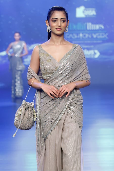 Rabani & Rakha_Silver Gingham Sequins, Cut Work, Zari Fern Jaal Embroidered Draped Pant Saree _Online_at_Aza_Fashions