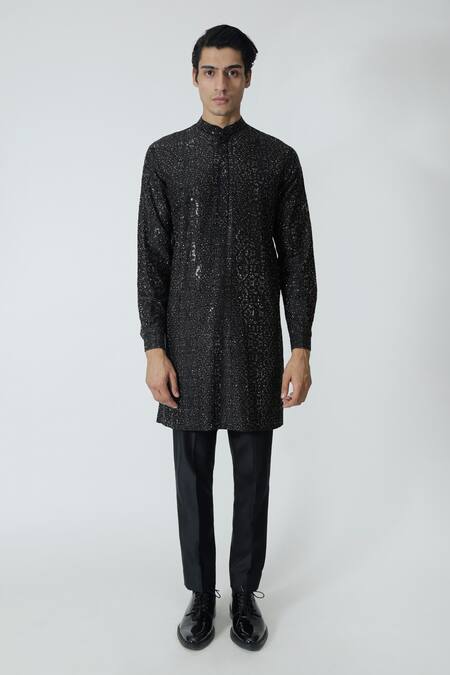 Chhaya Mehrotra_Black Chanderi Rhinestones Geometric Embellished Kurta Set _at_Aza_Fashions
