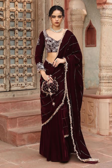 Shop_Ajiesh Oberoi_Wine Velvet Sequins, Zari, Embroidery Asymmetric Floral Sharara Saree 