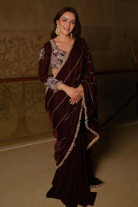 Ajiesh Oberoi Wine Velvet Embroidered Floral Leaf Pre-draped Sharara Saree With Blouse 