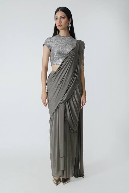Chhaya Mehrotra_Gray Silk Satin, Lycra Rhinestones, Shimmer Pre-draped Layered Saree And Blouse _at_Aza_Fashions
