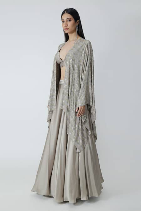 Shop_Chhaya Mehrotra_Silver Brocade, Silk Satin Rhinestones Sweetheart Neck Grey Cape Lehenga Set 