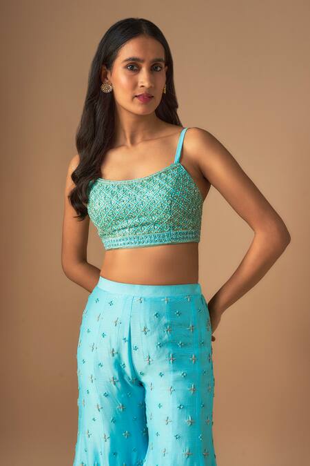 Shop_Mehak Murpana_Sky Blue Net, Crepe Cut Work, Pearls Cutdana Jaal Blossom Sharara Saree Set _Online_at_Aza_Fashions