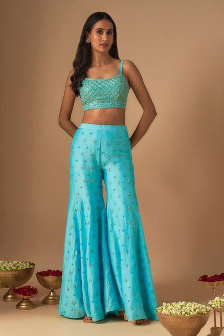 Mehak Murpana_Sky Blue Net, Crepe Cut Work, Pearls Cutdana Jaal Blossom Sharara Saree Set _at_Aza_Fashions