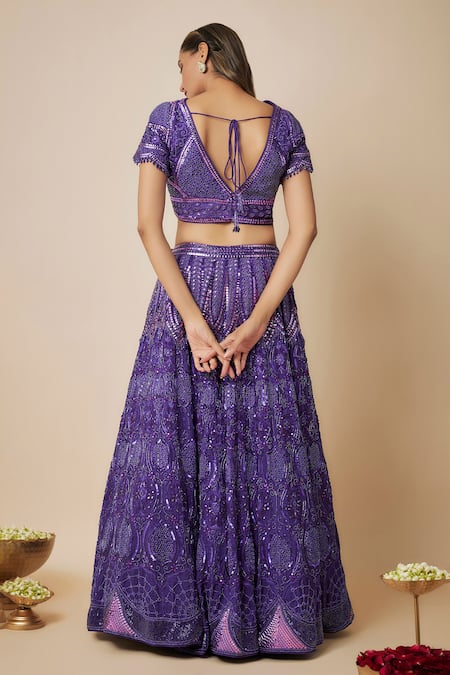 Shop Mehak Murpana Purple Organza, Denim, Crepe Embroidery, Cut Work V-neck Bloom Lehenga Set at Aza Fashions Shop_Mehak Murpana_Purple Organza, Denim, Crepe Embroidery, Cut Work V-neck Bloom Lehenga Set _at_Aza_Fashions