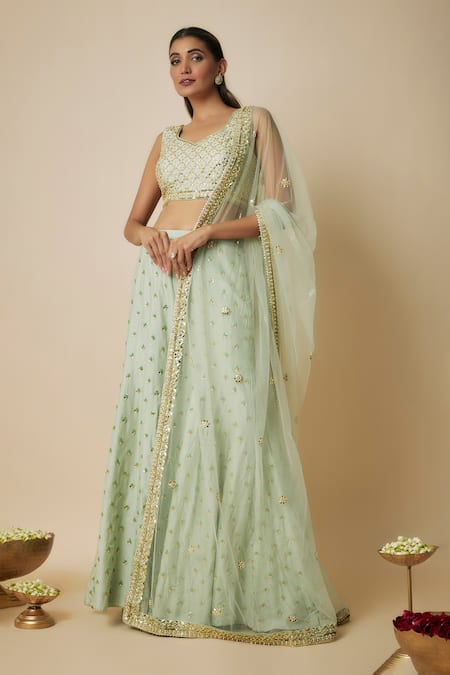Buy_Mehak Murpana_Green Net, Crepe Sequins Bloom Embellished Sharara Set _Online_at_Aza_Fashions