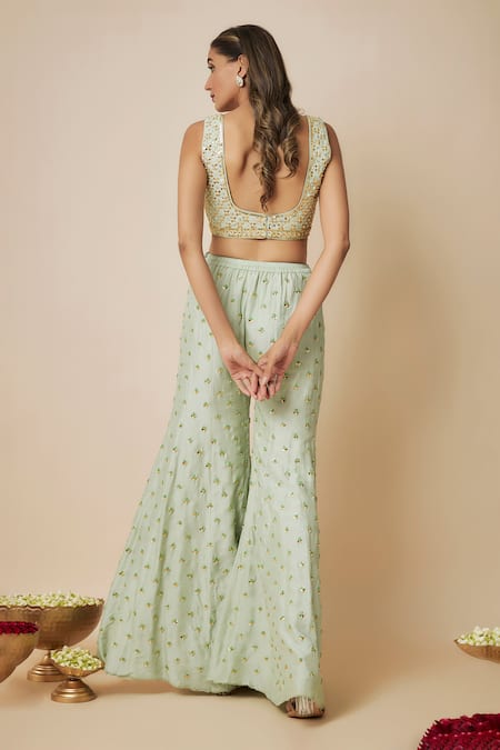 Shop_Mehak Murpana_Green Net, Crepe Sequins Bloom Embellished Sharara Set _Online_at_Aza_Fashions