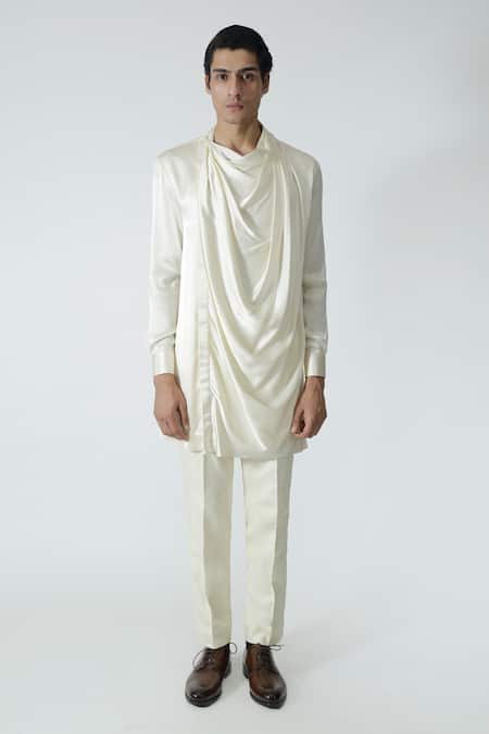 Shop_Chhaya Mehrotra_Ivory Silk Satin, Gingham Cowl Neck Kurta Set _Online_at_Aza_Fashions