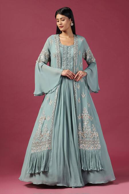 Buy_Two Sisters By Gyans_Green Georgette Sequins, Cut Work Round Blossom Embroidered Cape Anarkali Set 