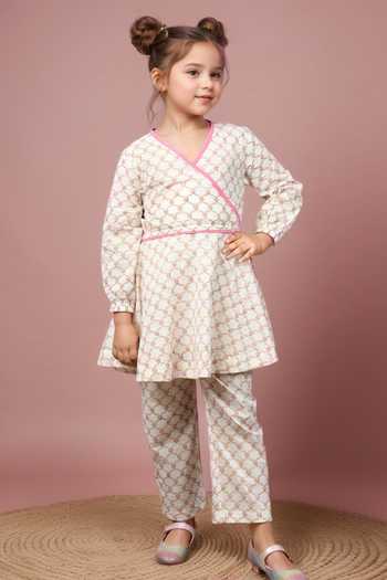 Girls Sky Blue Cotton Ethnic Motif Printed Peplum Style Kurta With Sharara Set