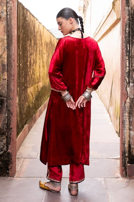 Karaj Jaipur Red Velvet Sequin Embroidered Kaftan & Pant 