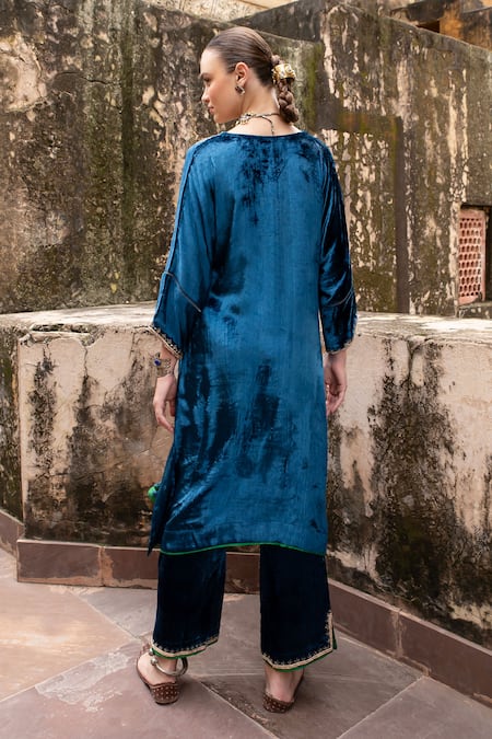 Karaj Jaipur Embroidered Velvet Kaftan & Pant Set 