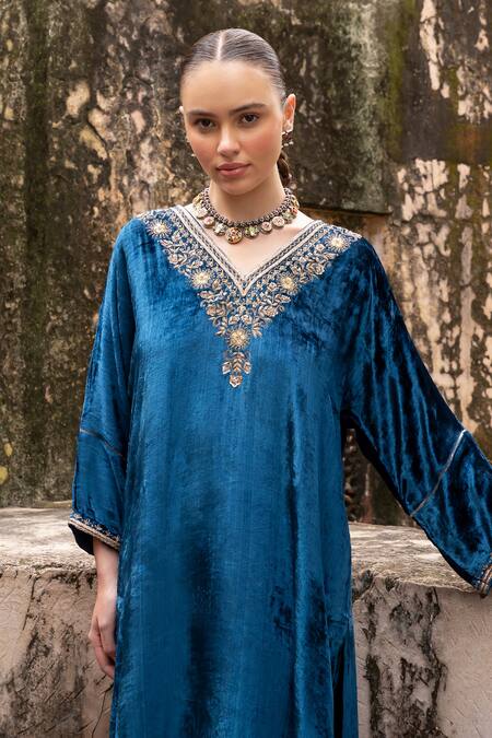 Shop Karaj Jaipur Blue Velvet Sequins, Zari, Embroidery V-neck Kaftan And Pant Set Online at Aza Fashions Shop_Karaj Jaipur_Blue Velvet Sequins, Zari, Embroidery V-neck Kaftan And Pant Set _Online_at_Aza_Fashions