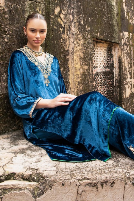 Karaj Jaipur Blue Velvet Sequins, Zari, Embroidery V-neck Kaftan And Pant Set at Aza Fashions Karaj Jaipur_Blue Velvet Sequins, Zari, Embroidery V-neck Kaftan And Pant Set _at_Aza_Fashions
