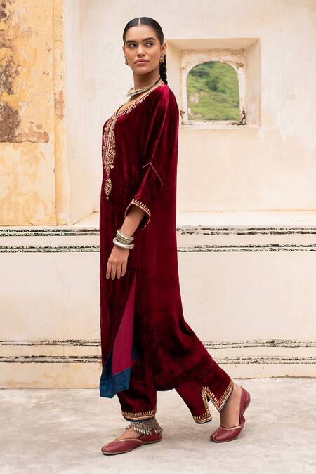 Buy_Karaj Jaipur_Maroon Velvet Sequins, Embroidery, Zari Round Neck Dabka Kaftan And Pant _Online_at_Aza_Fashions