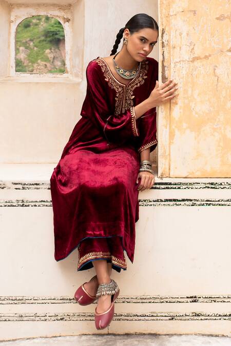 Shop_Karaj Jaipur_Maroon Velvet Sequins, Embroidery, Zari Round Neck Dabka Kaftan And Pant _Online_at_Aza_Fashions