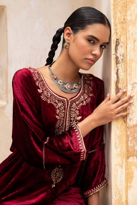Karaj Jaipur_Maroon Velvet Sequins, Embroidery, Zari Round Neck Dabka Kaftan And Pant _at_Aza_Fashions