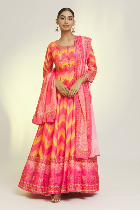 Buy Samyukta Singhania Multi Color Chiffon Embroidery Alluring Chevron Print Anarkali With Dupatta Buy_Samyukta Singhania_Multi Color Chiffon Embroidery Alluring Chevron Print Anarkali With Dupatta