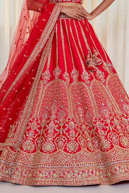 Pallavi Poddar Red Silk Pearls, Sequins, Beads Floral Vine Zardozi Embroidered Lehenga Set Online at Aza Fashions Pallavi Poddar_Red Silk Pearls, Sequins, Beads Floral Vine Zardozi Embroidered Lehenga Set _Online_at_Aza_Fashions
