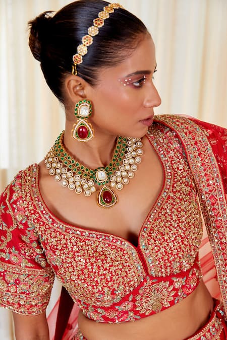 Shop Pallavi Poddar Red Silk Pearls, Sequins, Beads Floral Vine Zardozi Embroidered Lehenga Set at Aza Fashions Shop_Pallavi Poddar_Red Silk Pearls, Sequins, Beads Floral Vine Zardozi Embroidered Lehenga Set _at_Aza_Fashions