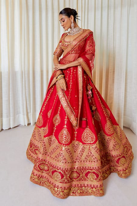 Shop_Pallavi Poddar_Red Silk Zari, Sequins, Embroidery Scoop Neck Ruby Zardozi Lehenga Set _at_Aza_Fashions