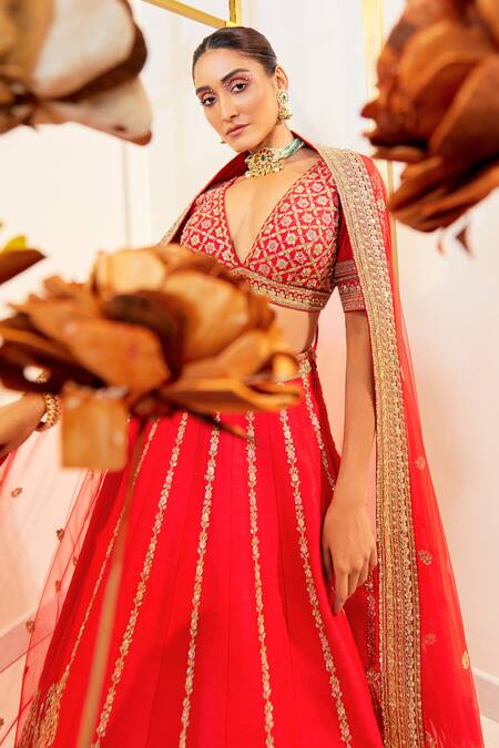 Shop Pallavi Poddar Red Silk Embroidery, Sequins, Zari Plunge Neck Carmine Zardozi Lehenga Set Online at Aza Fashions Shop_Pallavi Poddar_Red Silk Embroidery, Sequins, Zari Plunge Neck Carmine Zardozi Lehenga Set _Online_at_Aza_Fashions