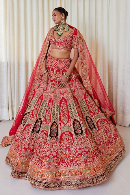 Pallavi Poddar Red Silk Zardozi Embroidered Lehenga Set 