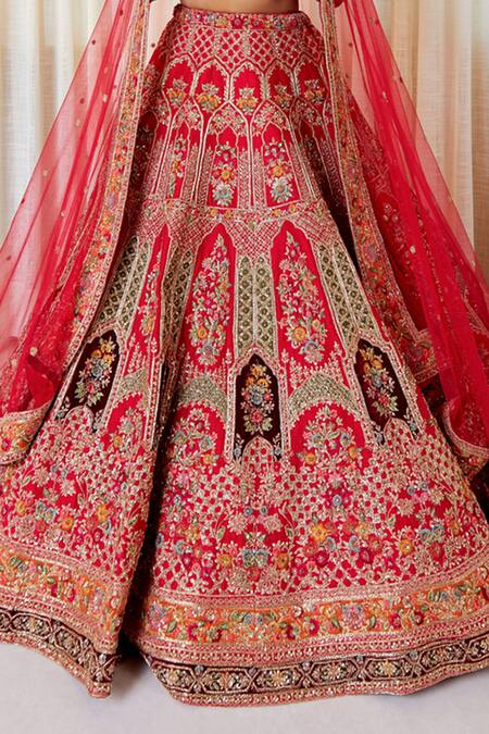 Shop_Pallavi Poddar_Red Silk Beads, Sequins Sweetheart Neck Zardozi Embroidered Lehenga Set _Online_at_Aza_Fashions