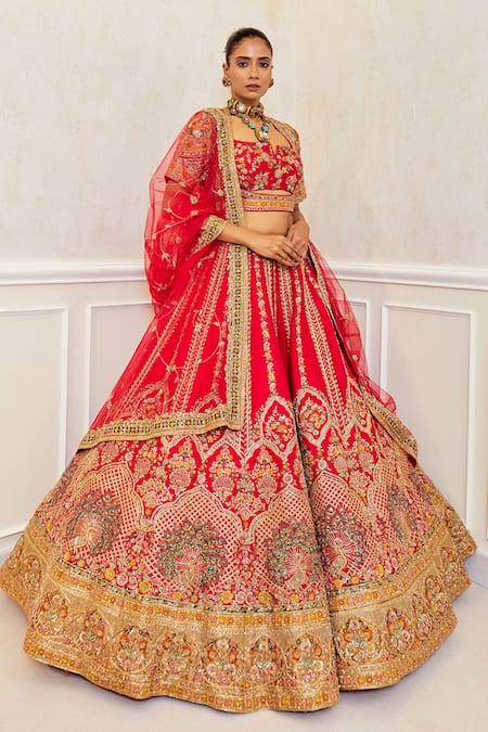 Pallavi Poddar Red Silk Sequins, Zari, Embroidery Floral Jaal Resham Lehenga Set Online at Aza Fashions Pallavi Poddar_Red Silk Sequins, Zari, Embroidery Floral Jaal Resham Lehenga Set _Online_at_Aza_Fashions