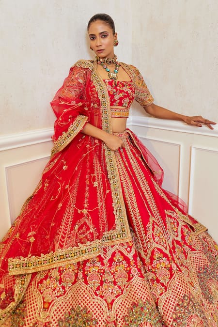 Buy Pallavi Poddar Red Silk Sequins, Zari, Embroidery Floral Jaal Resham Lehenga Set Online at Aza Fashions Buy_Pallavi Poddar_Red Silk Sequins, Zari, Embroidery Floral Jaal Resham Lehenga Set _Online_at_Aza_Fashions