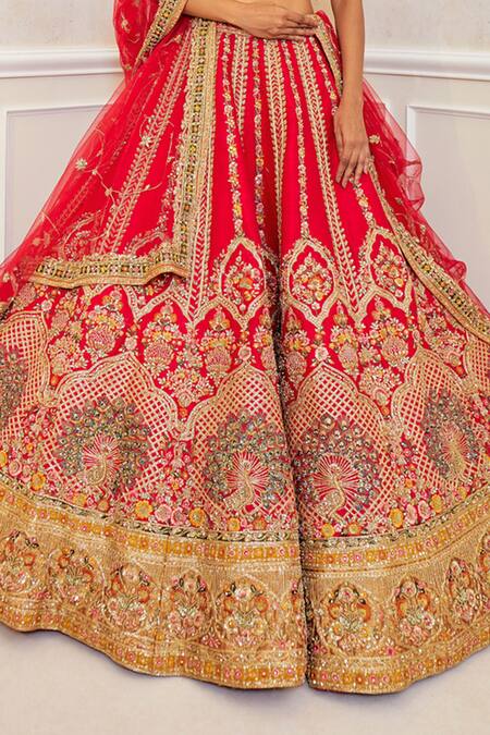 Shop Pallavi Poddar Red Silk Sequins, Zari, Embroidery Floral Jaal Resham Lehenga Set Online at Aza Fashions Shop_Pallavi Poddar_Red Silk Sequins, Zari, Embroidery Floral Jaal Resham Lehenga Set _Online_at_Aza_Fashions