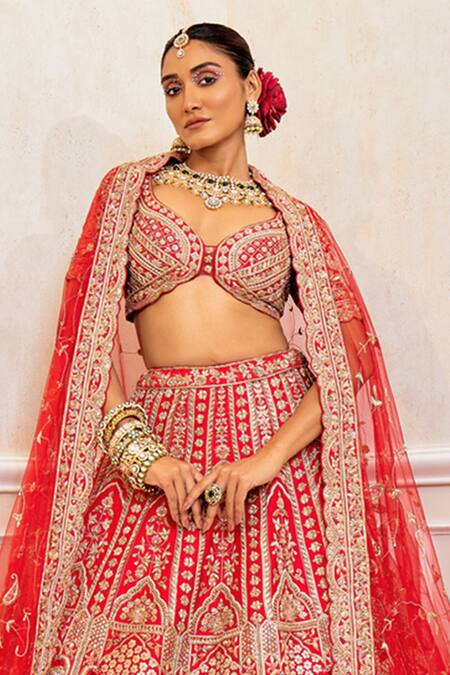 Buy Pallavi Poddar Red Silk Embroidery, Sequins Sweetheart Neck Resham Zardozi Bridal Lehenga Online at Aza Fashions Buy_Pallavi Poddar_Red Silk Embroidery, Sequins Sweetheart Neck Resham Zardozi Bridal Lehenga _Online_at_Aza_Fashions