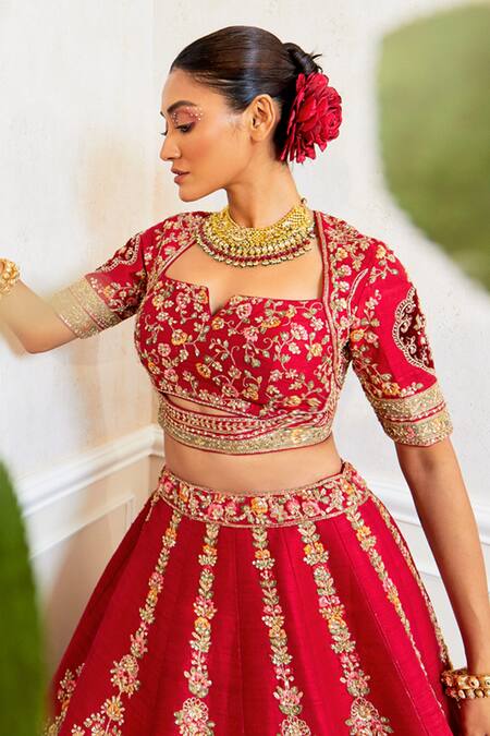 Buy_Pallavi Poddar_Maroon Silk Sequins, Patchwork, Embroidery Split V-neck Zardozi Lehenga Set _Online_at_Aza_Fashions