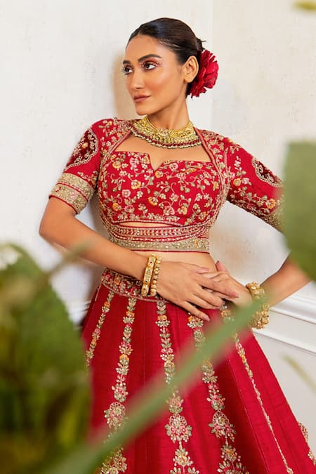 Pallavi Poddar Maroon Zardozi Embroidered Lehenga Set 