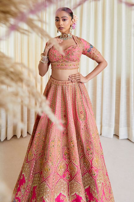 Pallavi Poddar Coral Pink Zardozi Embroidered Lehenga Set 