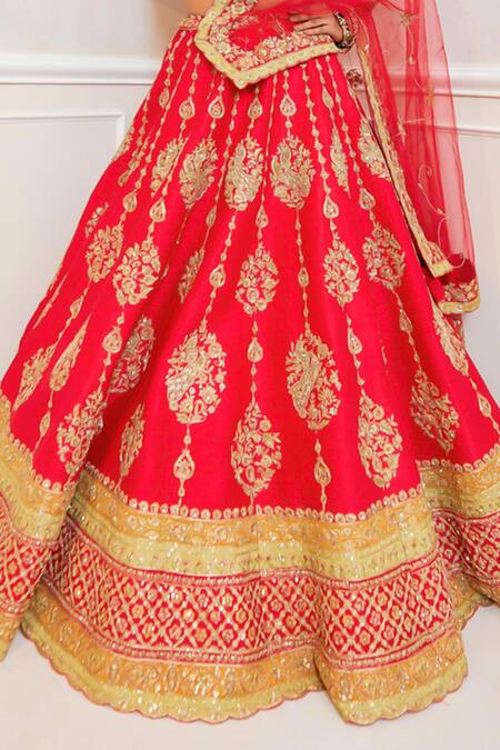 Shop_Pallavi Poddar_Red Silk, Tulle Zari, Embroidery Sweetheart Neck Zardozi Bridal Lehenga Set _Online_at_Aza_Fashions