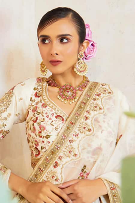 Buy_Pallavi Poddar_Ivory Silk Embroidery Collared Zardozi Bridal Lehenga Set _Online_at_Aza_Fashions
