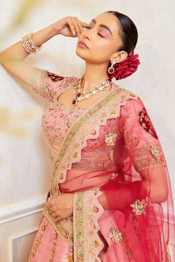 Buy Pallavi Poddar Pink Silk Embroidery, Zari Collared Gullista Velvet Patchwork Bridal Lehenga Set Online at Aza Fashions Buy_Pallavi Poddar_Pink Silk Embroidery, Zari Collared Gullista Velvet Patchwork Bridal Lehenga Set _Online_at_Aza_Fashions