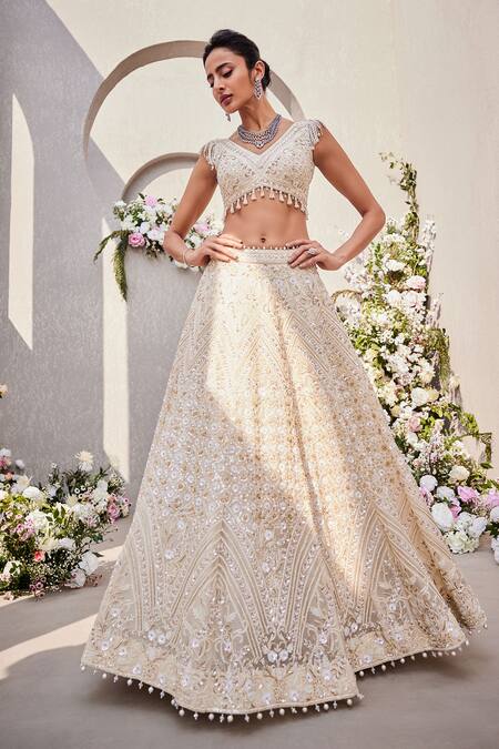 Saisha_Ivory Organza Pearls, Crystals, Tonal Dabka Embroidered Bridal Lehenga Set _Online_at_Aza_Fashions