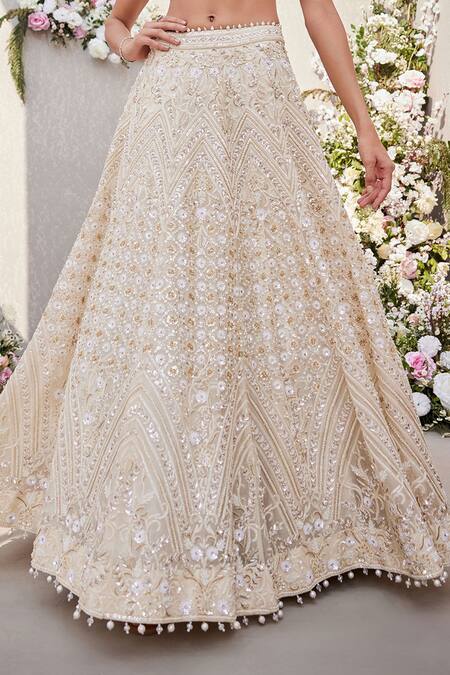 Buy_Saisha_Ivory Organza Pearls, Crystals, Tonal Dabka Embroidered Bridal Lehenga Set _Online_at_Aza_Fashions