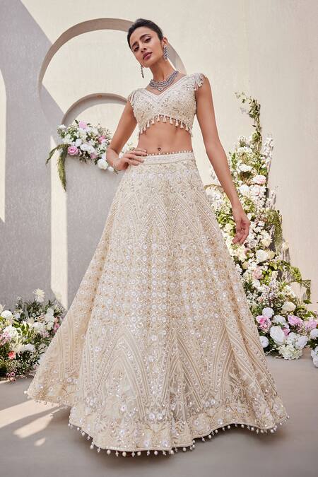 Shop_Saisha_Ivory Organza Pearls, Crystals, Tonal Dabka Embroidered Bridal Lehenga Set _Online_at_Aza_Fashions